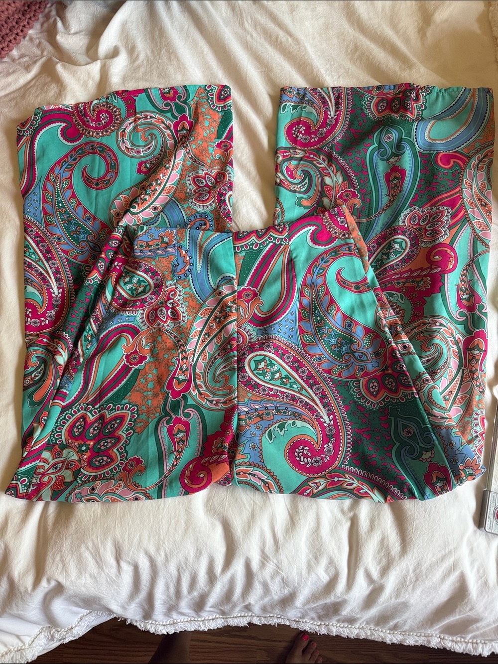 SHEIN Teal Paisley Print Pants with Pink & Orange Accents